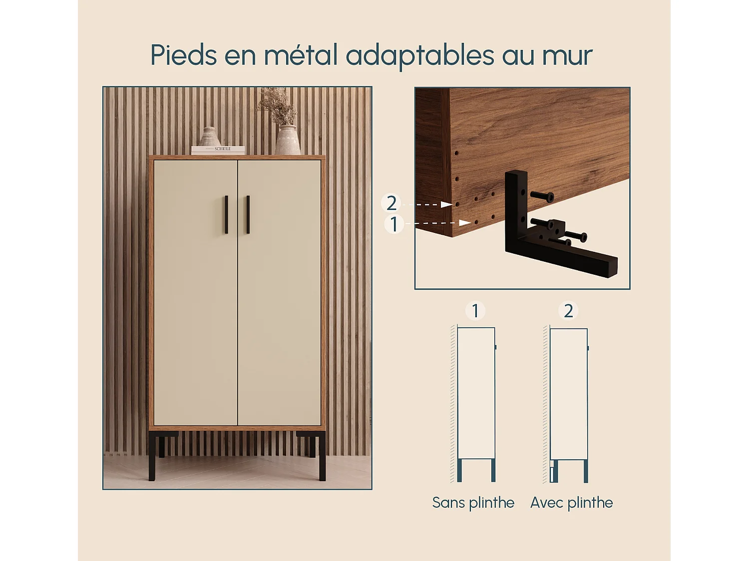 Bahut Buffet bas en Noyer Ambar et Beige 60x35x110,5cm Lander L17