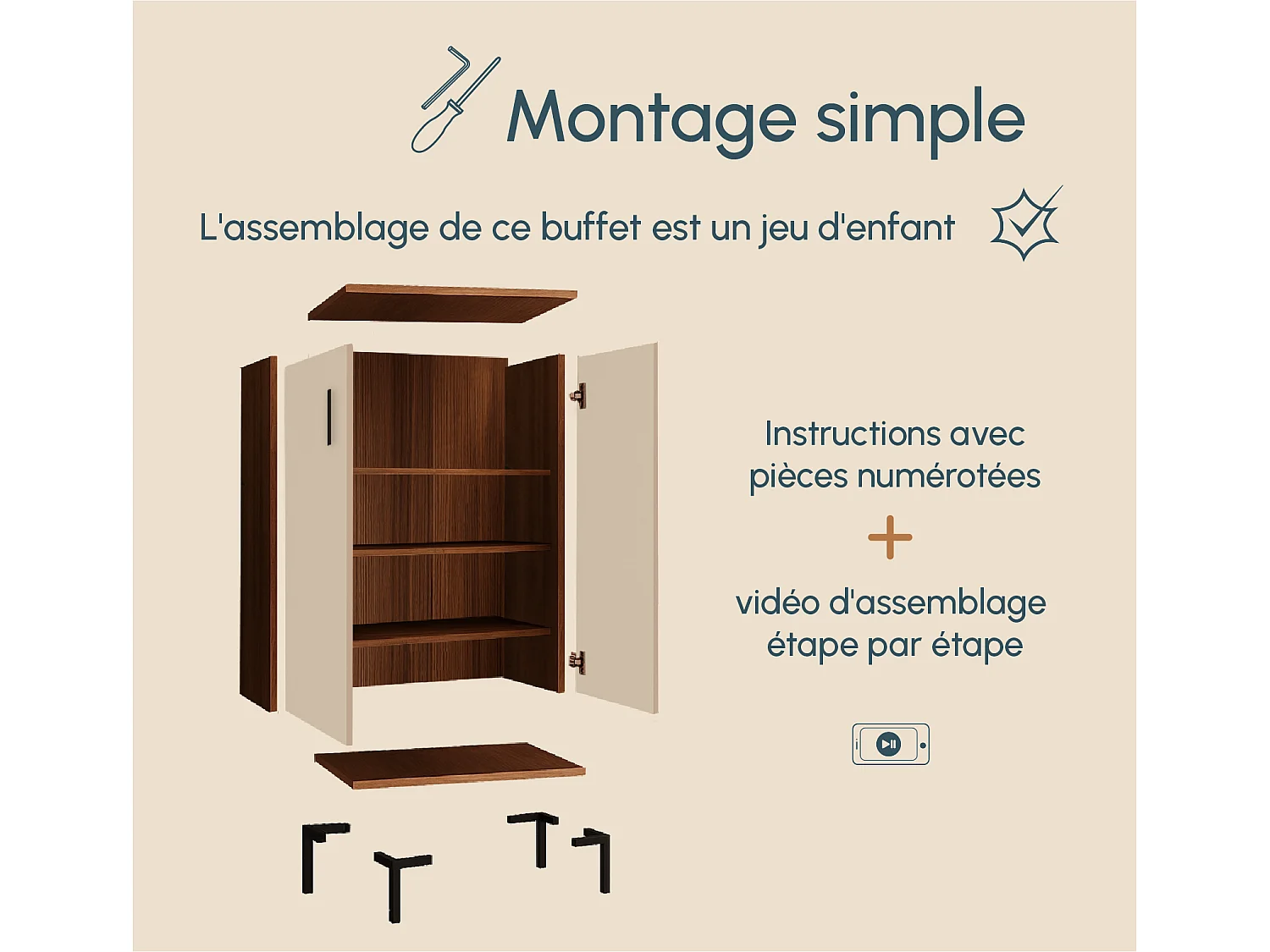 Bahut Buffet bas en Noyer Ambar et Beige 60x35x110,5cm Lander L17