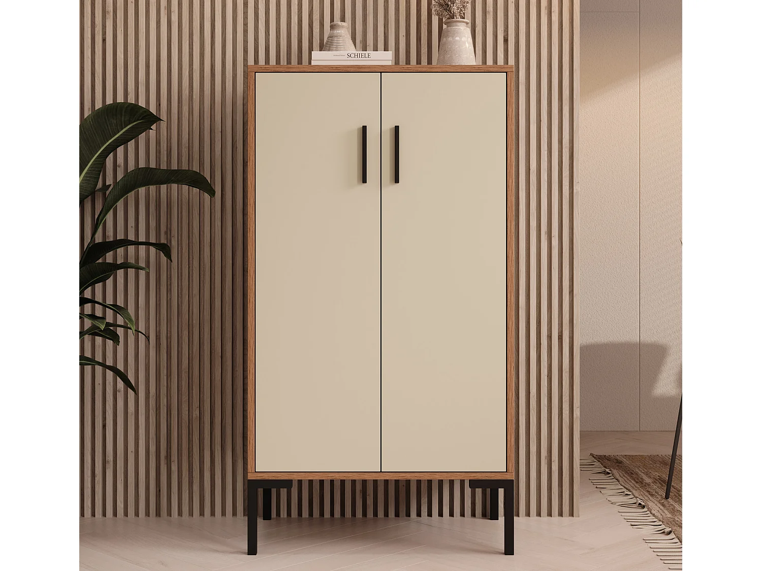 Aparador pequeño para Salón comedor en Nogal Ambar y Beige 60x35x110,5cm Lander L17