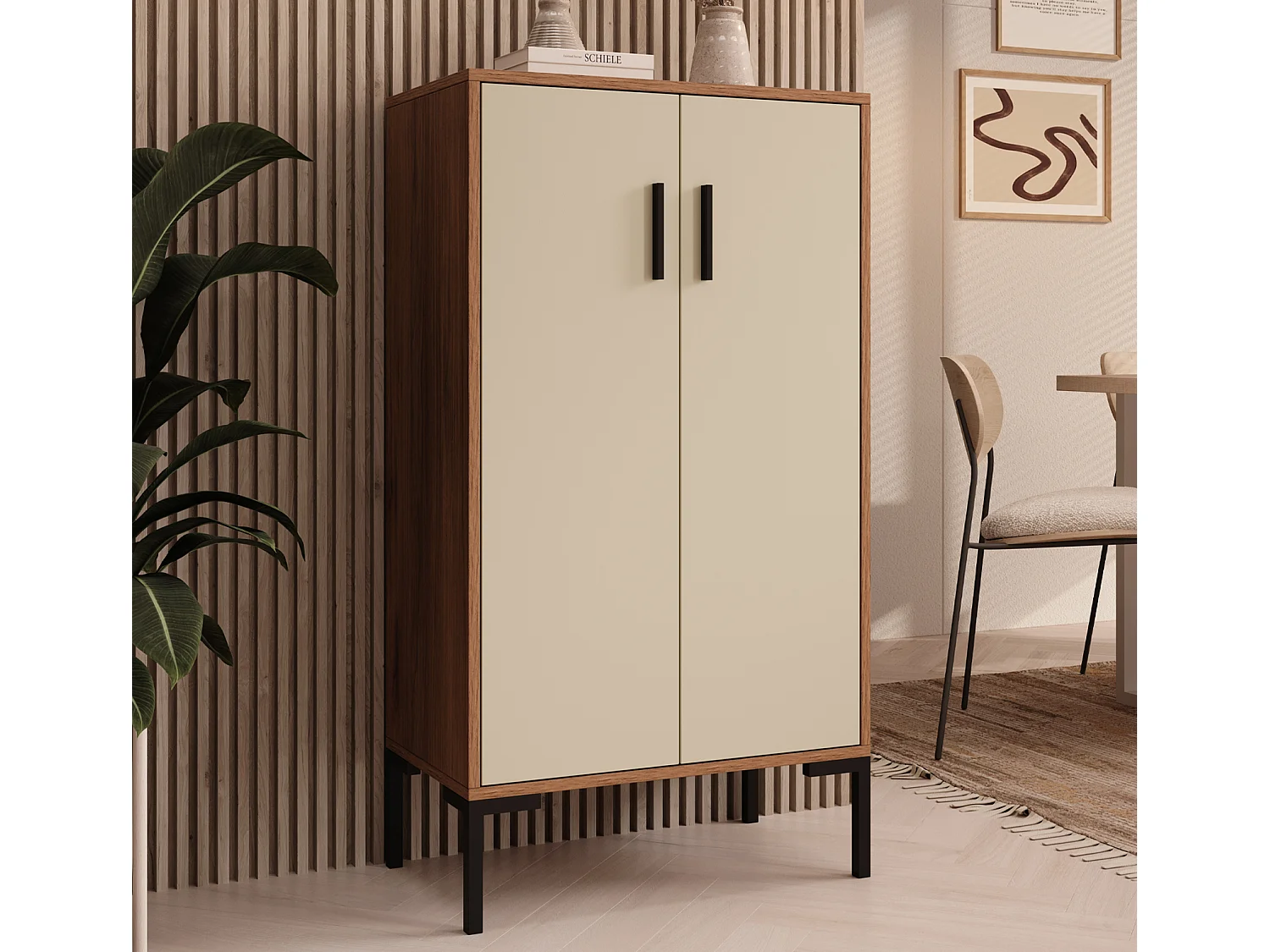 Aparador pequeño para Salón comedor en Nogal Ambar y Beige 60x35x110,5cm Lander L17