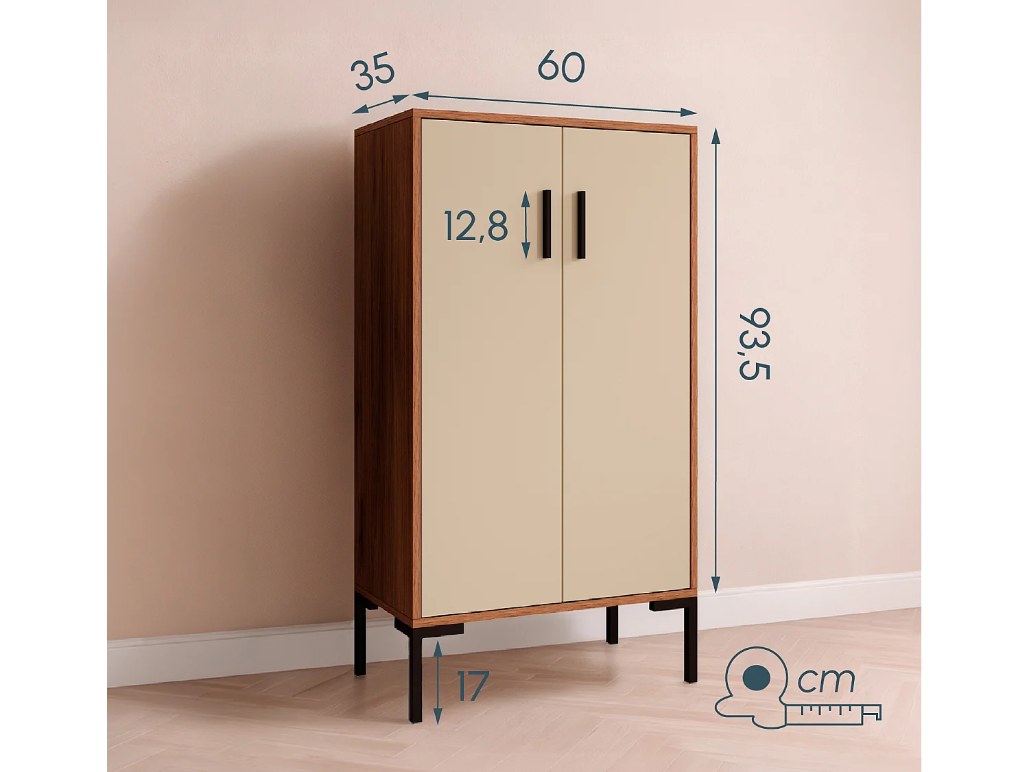 Aparador pequeño para Salón comedor en Nogal Ambar y Beige 60x35x110,5cm Lander L17