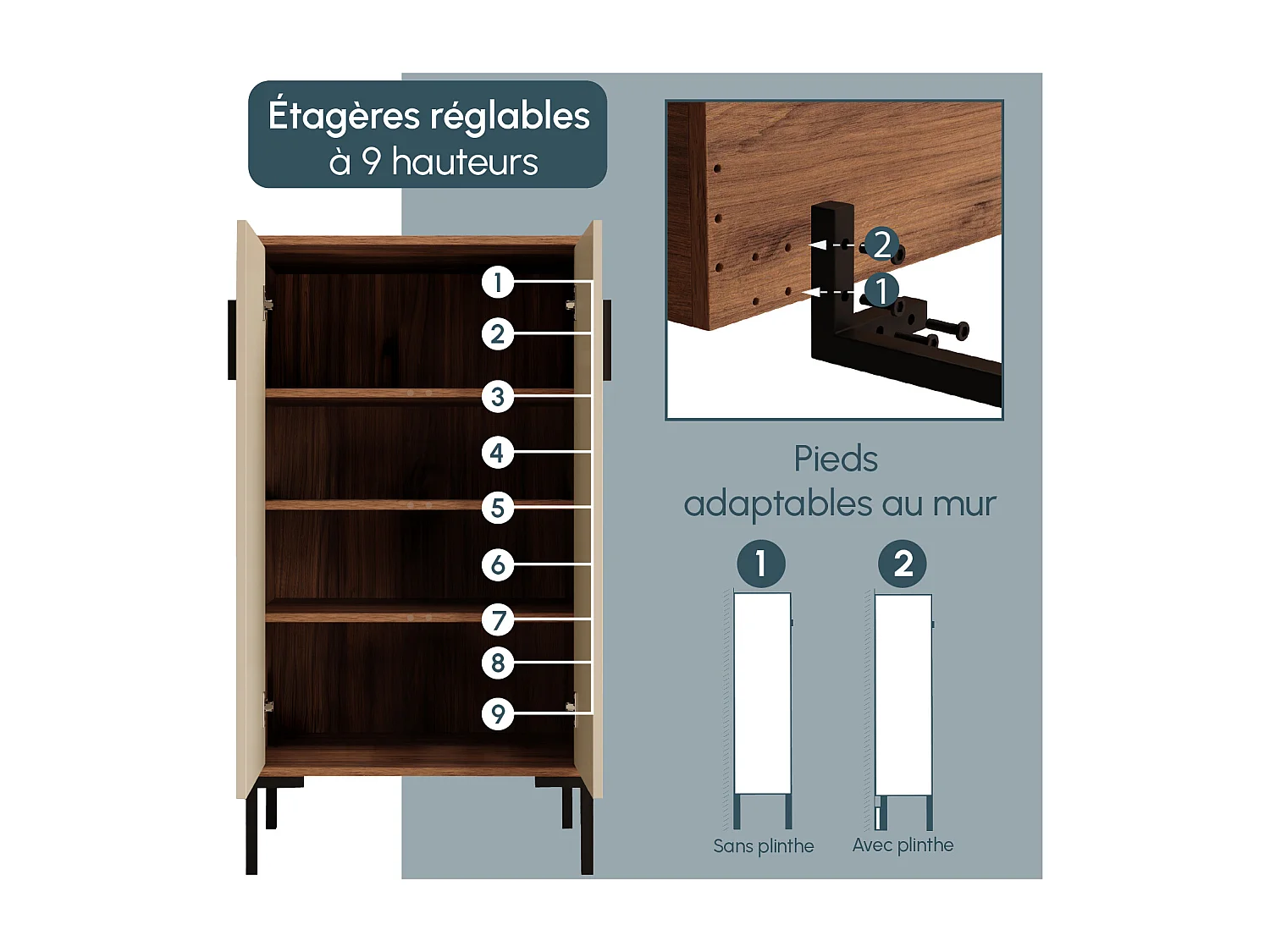 Aparador pequeño para Salón comedor en Nogal Ambar y Beige 60x35x110,5cm Lander L17