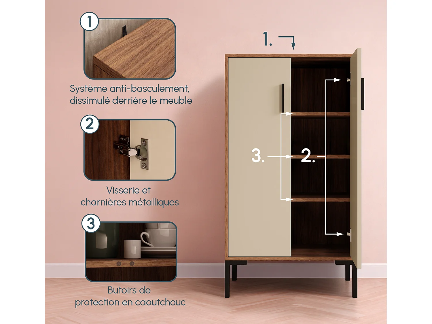Bahut Buffet bas en Noyer Ambar et Beige 60x35x110,5cm Lander L17