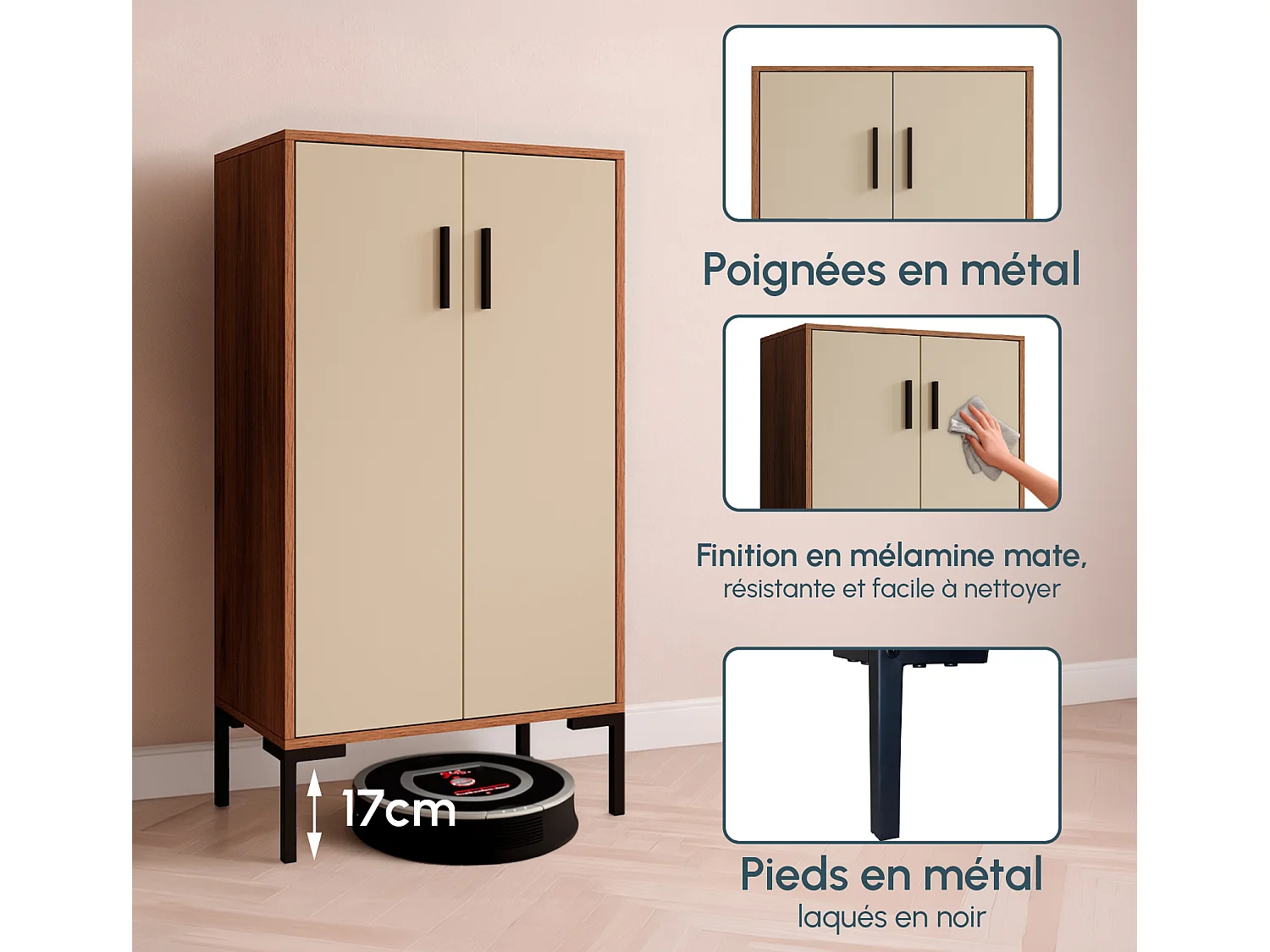 Bahut Buffet bas en Noyer Ambar et Beige 60x35x110,5cm Lander L17