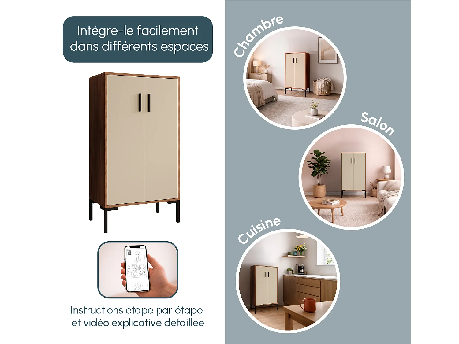 Bahut Buffet bas en Noyer Ambar et Beige 60x35x110,5cm Lander L17