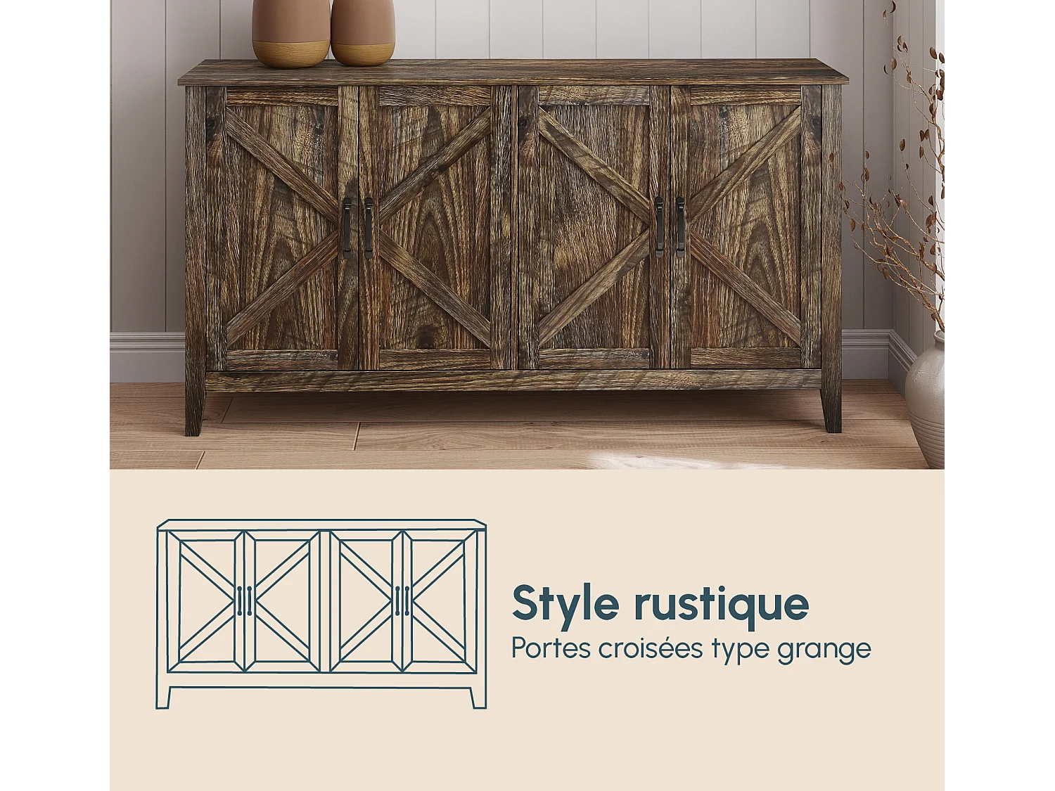 Aparador para Salón comedor en Color Roble Rustic 140x40x80cm Olivia