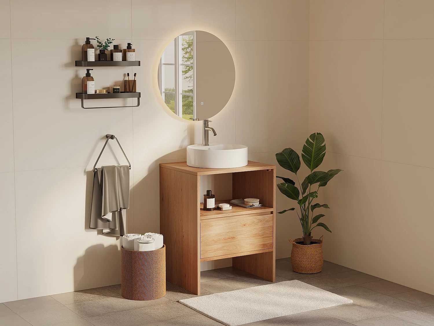 Unterschrank aus Massivholz Eiche mit rundem Aufsatzbecken und Armatur - Hell Natur - 60 cm - CAVIZO