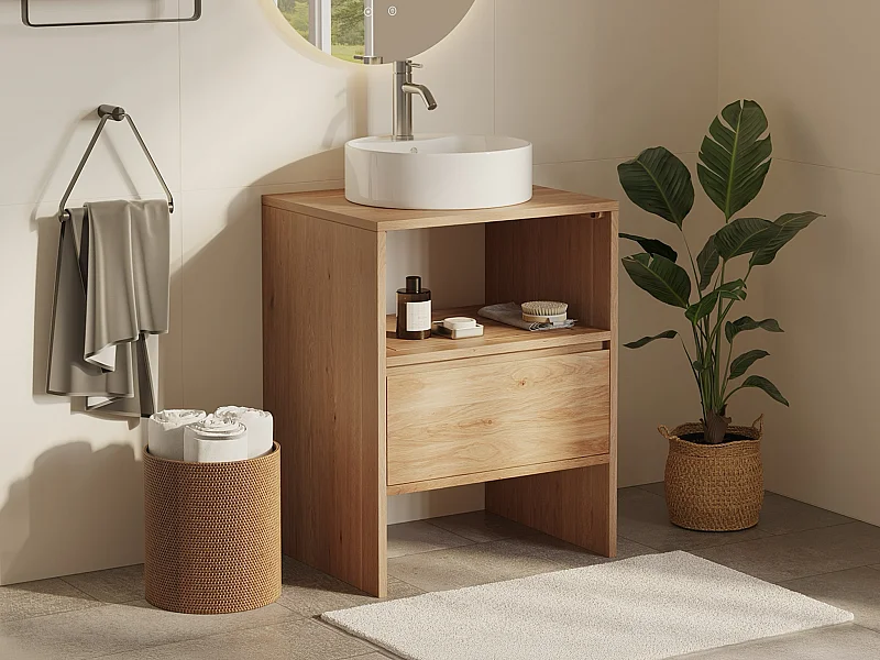 Unterschrank aus Massivholz Eiche mit rundem Aufsatzbecken und Armatur - Hell Natur - 60 cm - CAVIZO