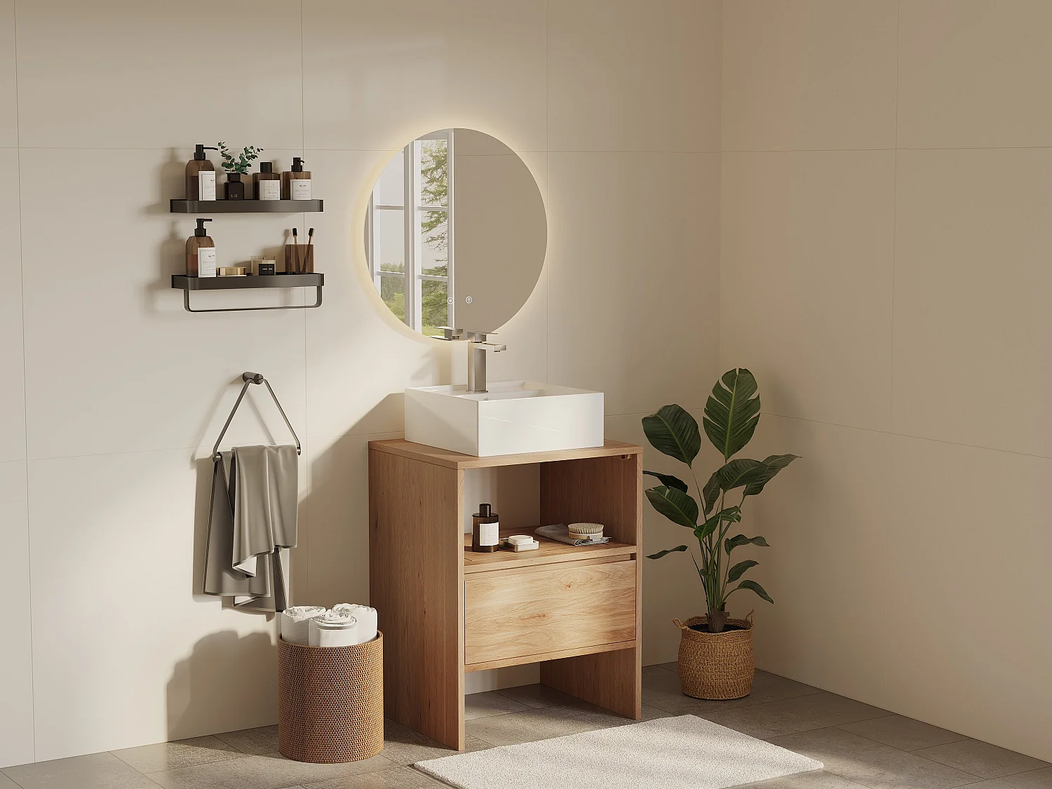 Unterschrank aus Massivholz Eiche mit quadratischem Aufsatzbecken, Armatur und Spiegel - Hell Natur - 60 cm - CAVIZO