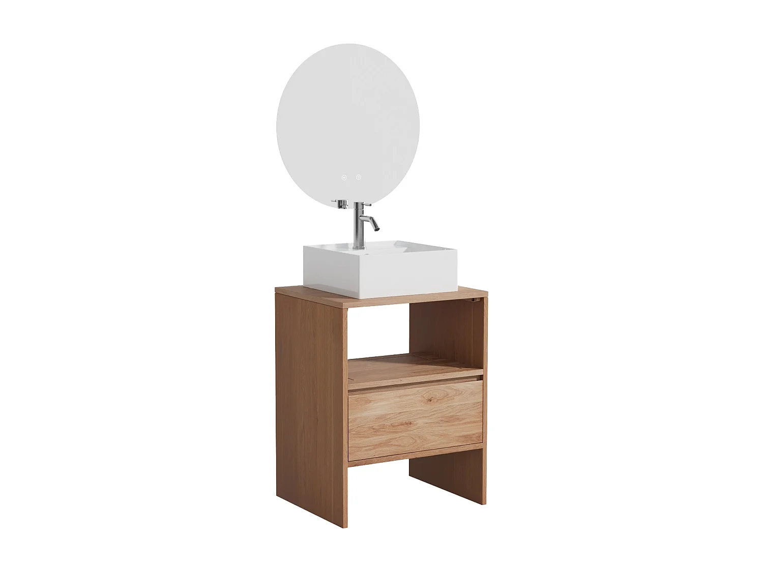 Unterschrank aus Massivholz Eiche mit quadratischem Aufsatzbecken, Armatur und Spiegel - Hell Natur - 60 cm - CAVIZO