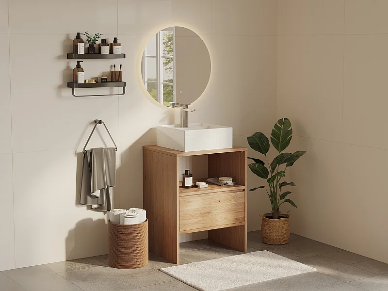 Unterschrank aus Massivholz Eiche mit quadratischem Aufsatzbecken, Armatur und Spiegel - Hell Natur - 60 cm - CAVIZO