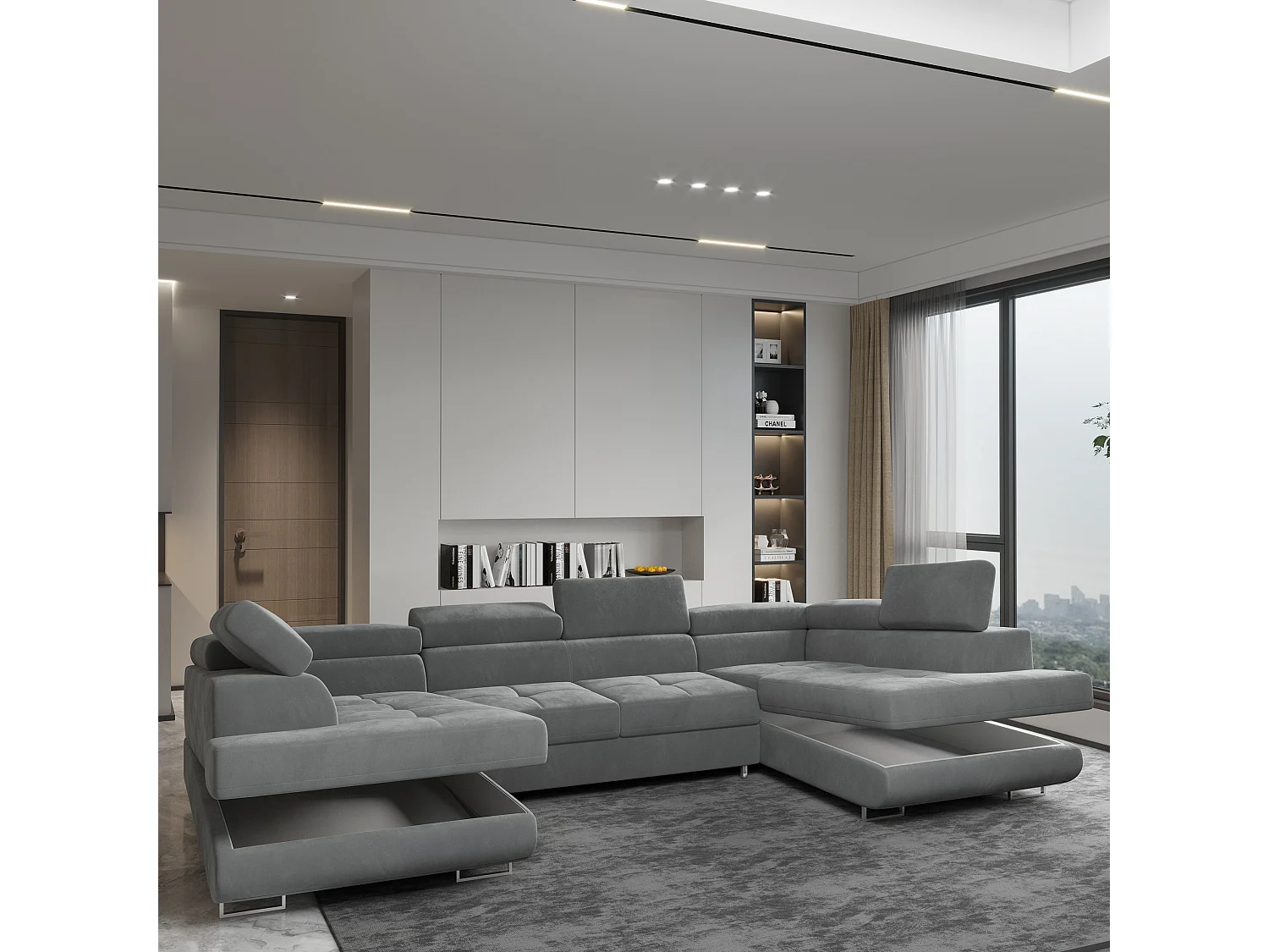 Canapé d'angle RAGGIO Gris en velours avec fonction de couchage