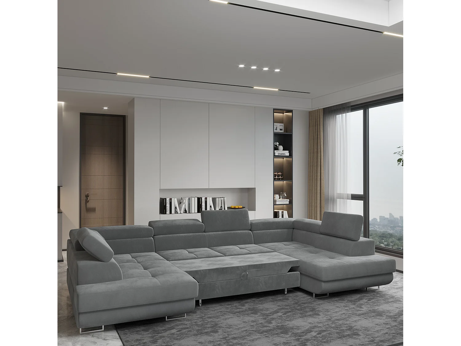 Canapé d'angle RAGGIO Gris en velours avec fonction de couchage