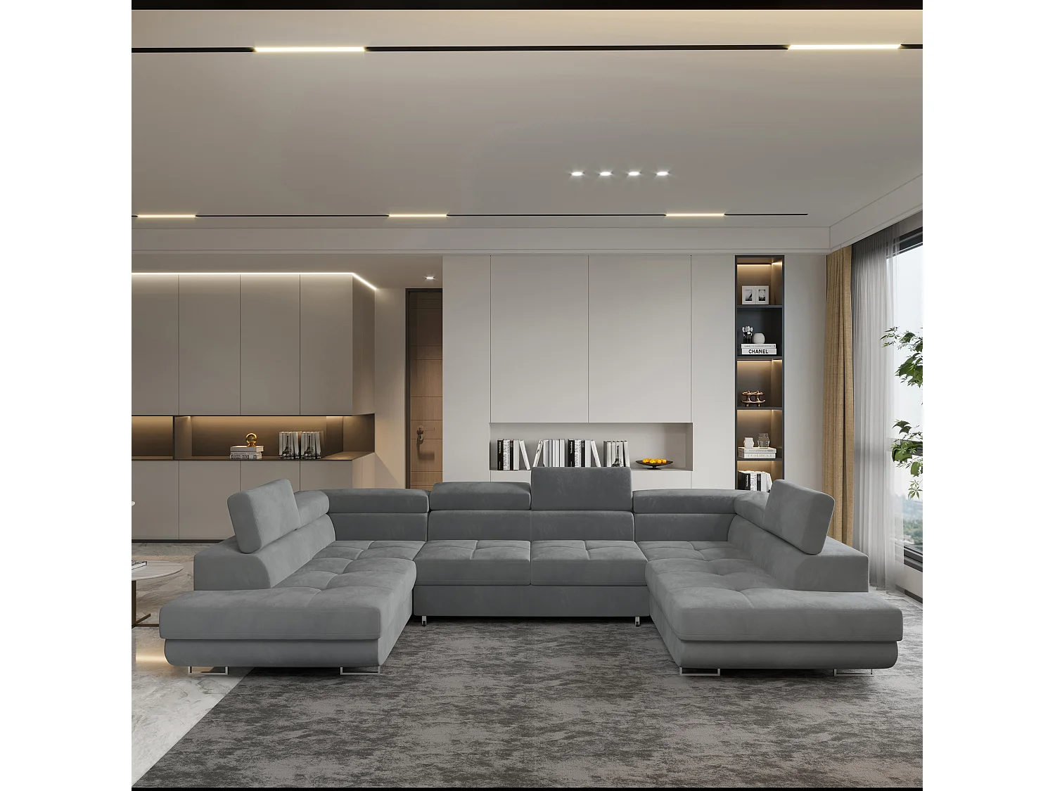 Canapé d'angle RAGGIO Gris en velours avec fonction de couchage