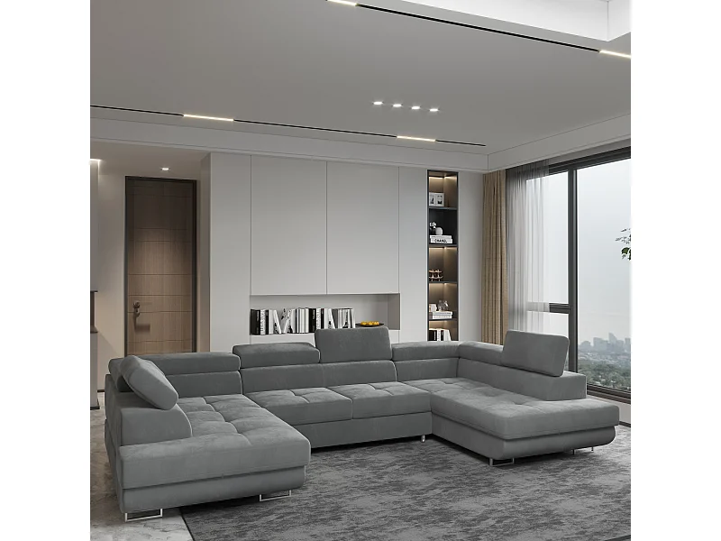 Canapé d'angle RAGGIO Gris en velours avec fonction de couchage