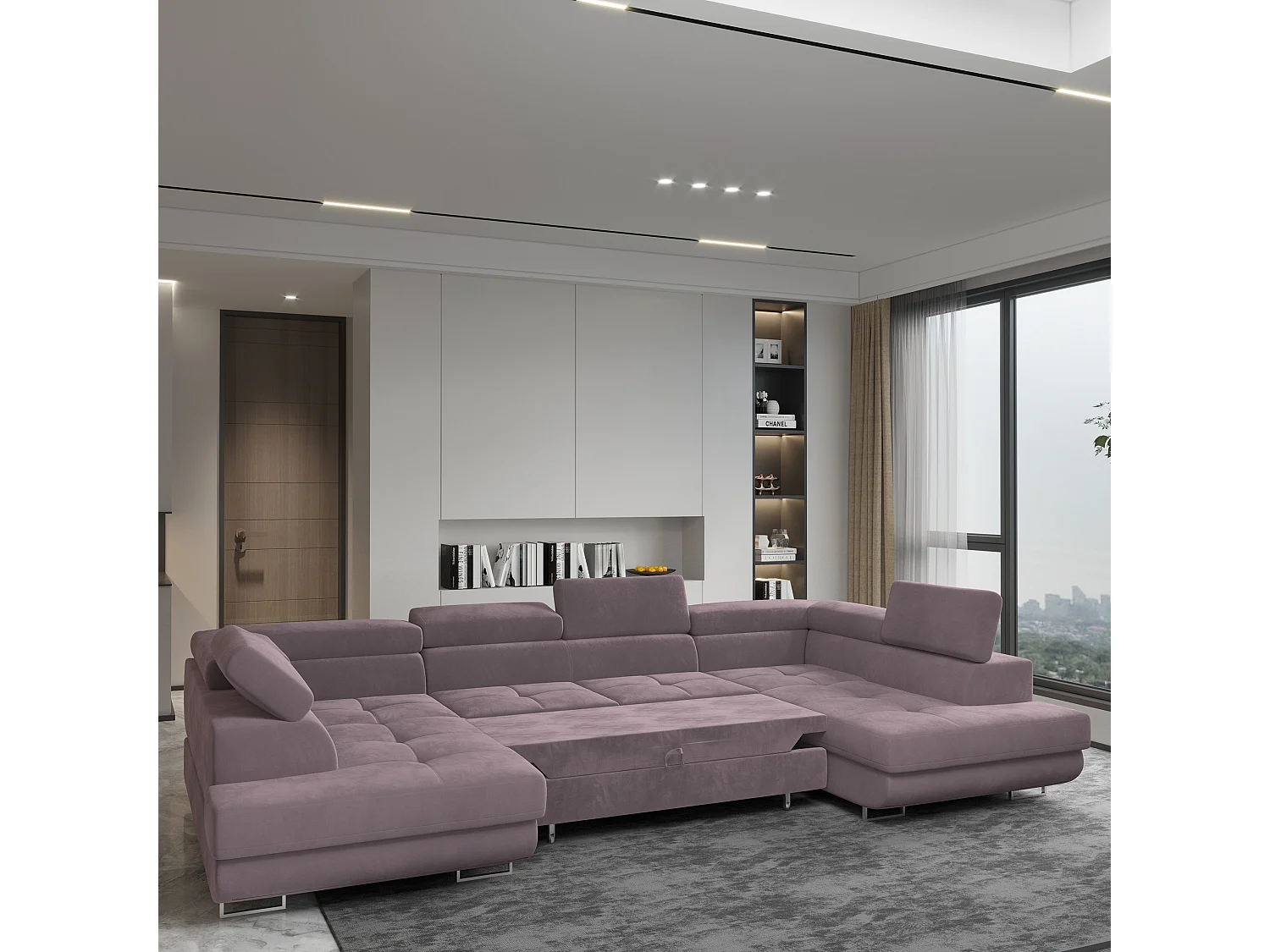 Hoekbank RAGGIO van fluweel met slaapfunctie Lila