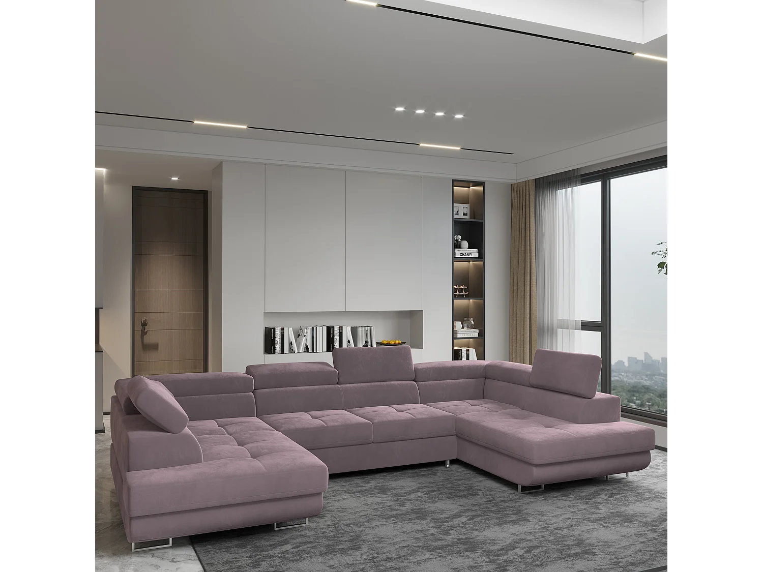 Canapé d'angle RAGGIO Violet en velours avec fonction de couchage