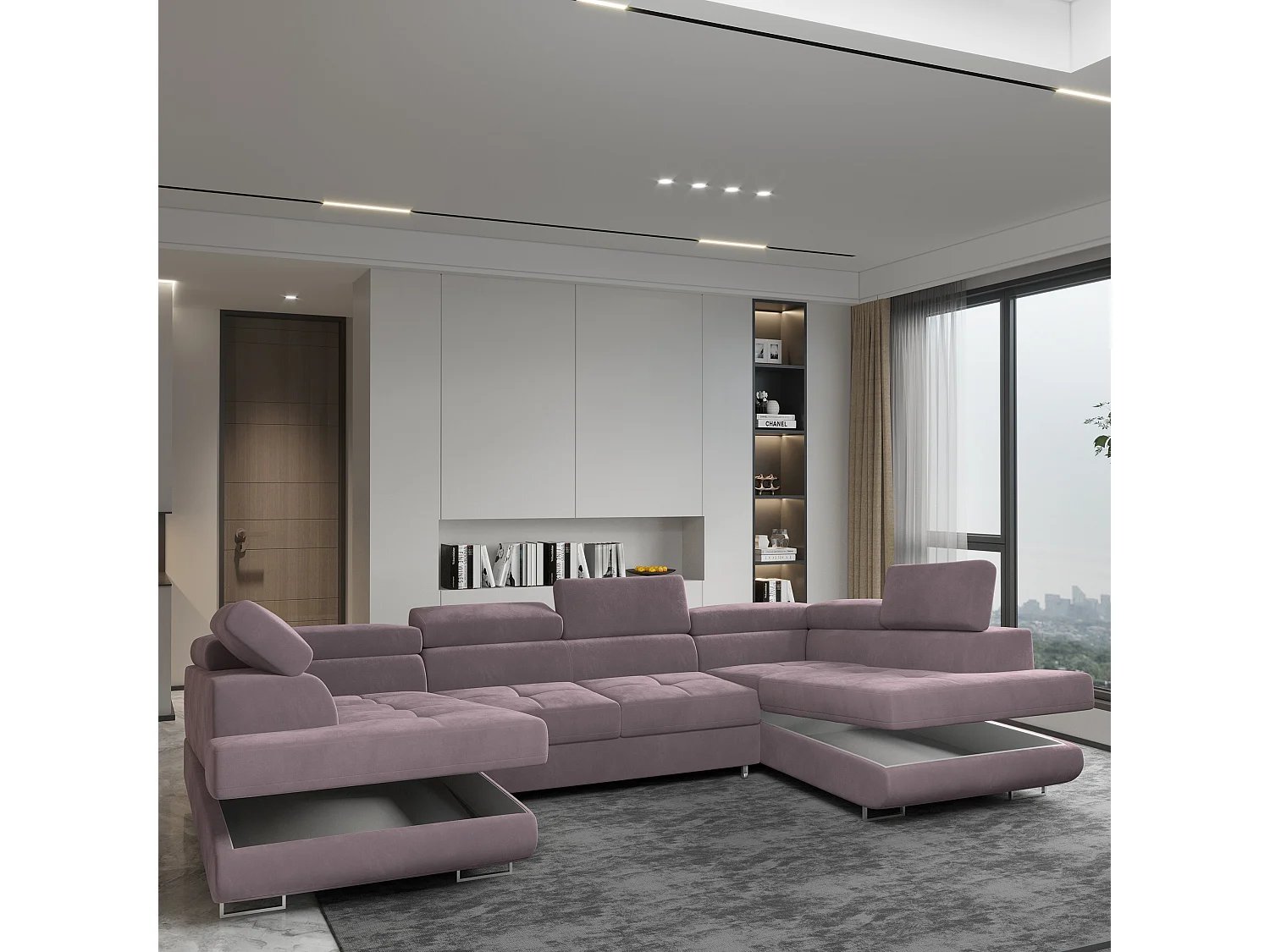 Canapé d'angle RAGGIO Violet en velours avec fonction de couchage