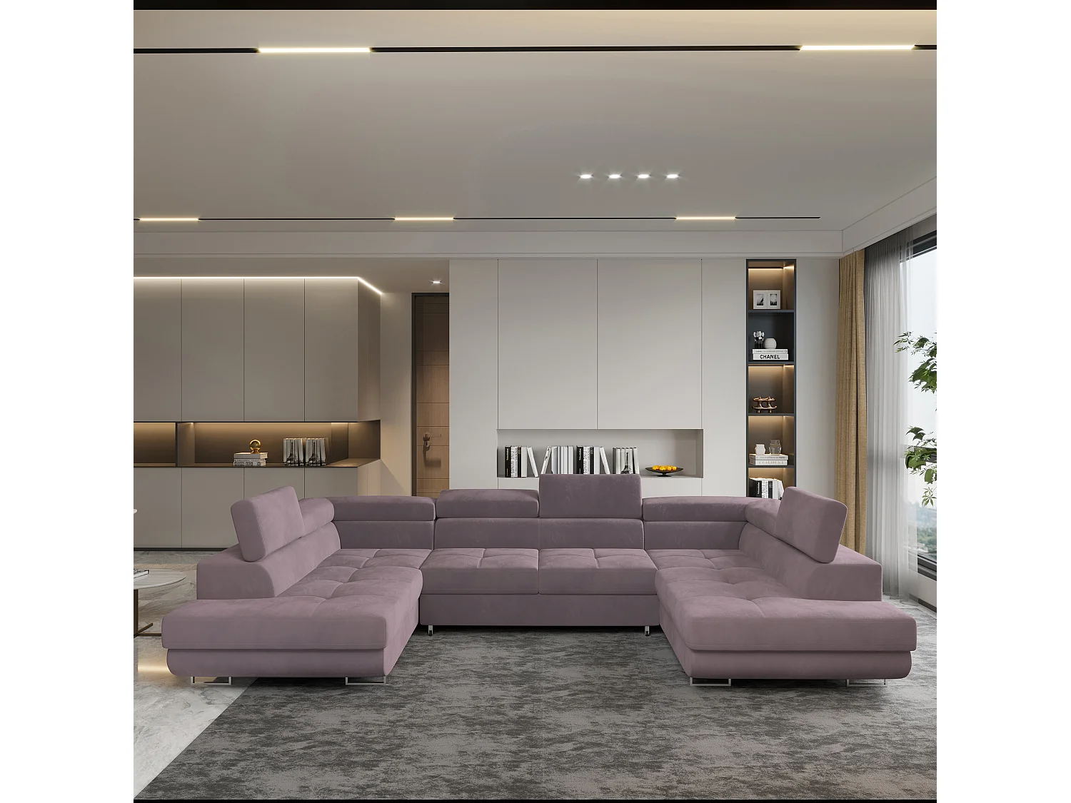 Canapé d'angle RAGGIO Violet en velours avec fonction de couchage