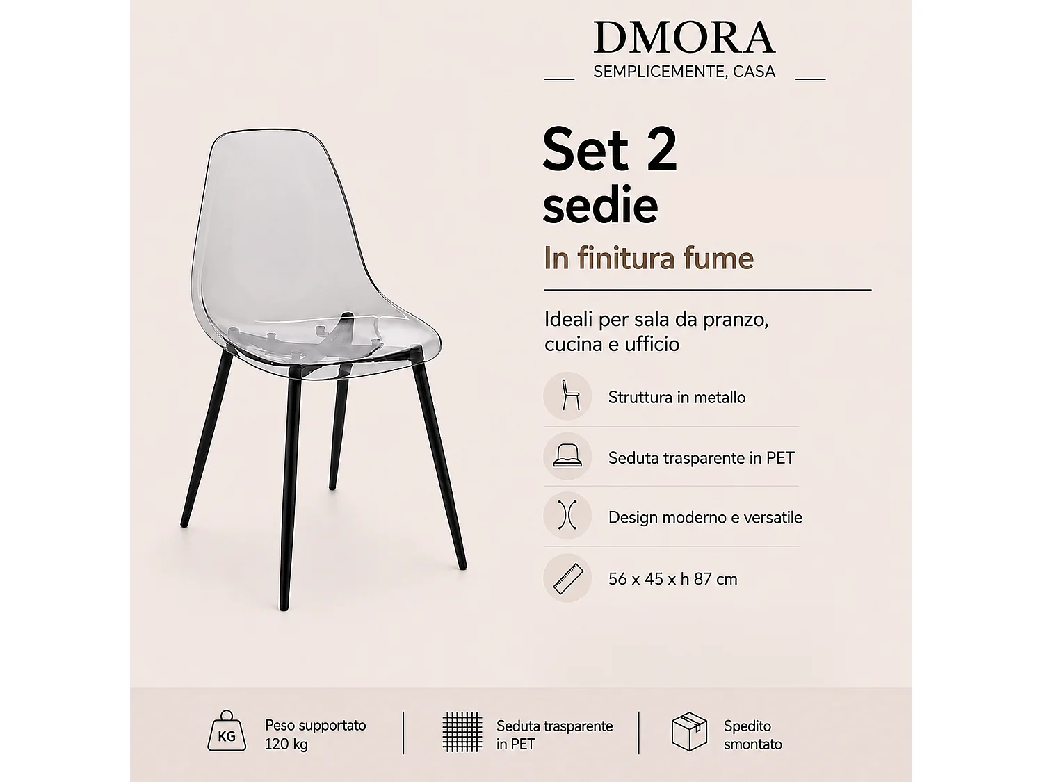 Ensemble de 2 chaises Dabdalhad, fauteuil PET, Chaise de salle à manger ergonomique, Siège de réunion, 53x46h81 cm, Fumée