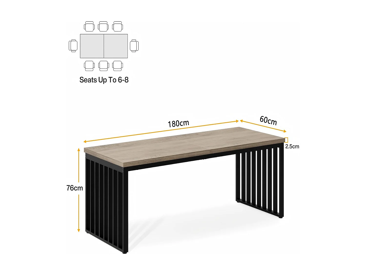Table à Manger Industrielle Rectangulaire 180 cm - pour 6 à 8 Personnes - avec Cadre Métal Robuste - Gris - Pour Salle à Manger, Cuisine, Salon