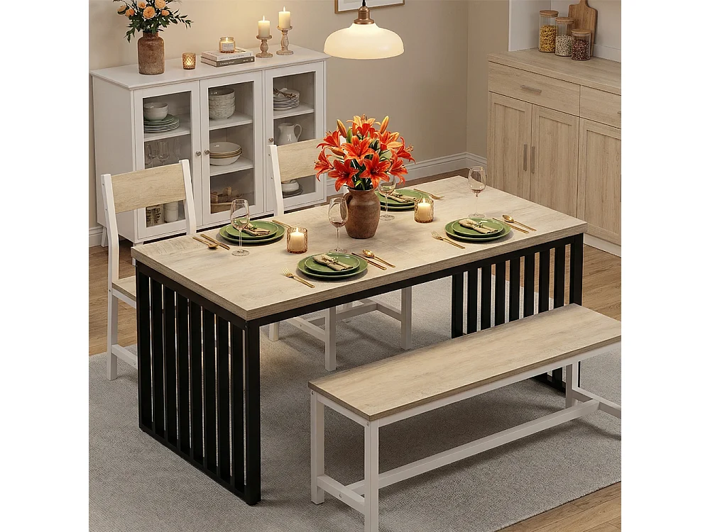 Table à Manger Industrielle Rectangulaire 180 cm - pour 6 à 8 Personnes - avec Cadre Métal Robuste - Gris - Pour Salle à Manger, Cuisine, Salon