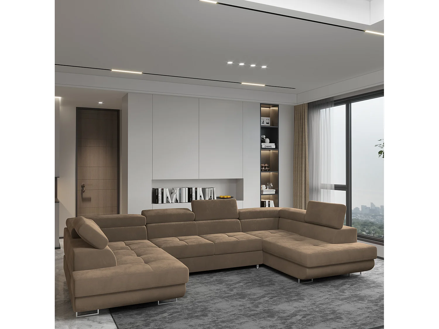 Canapé d'angle RAGGIO Beige en velours avec fonction de couchage