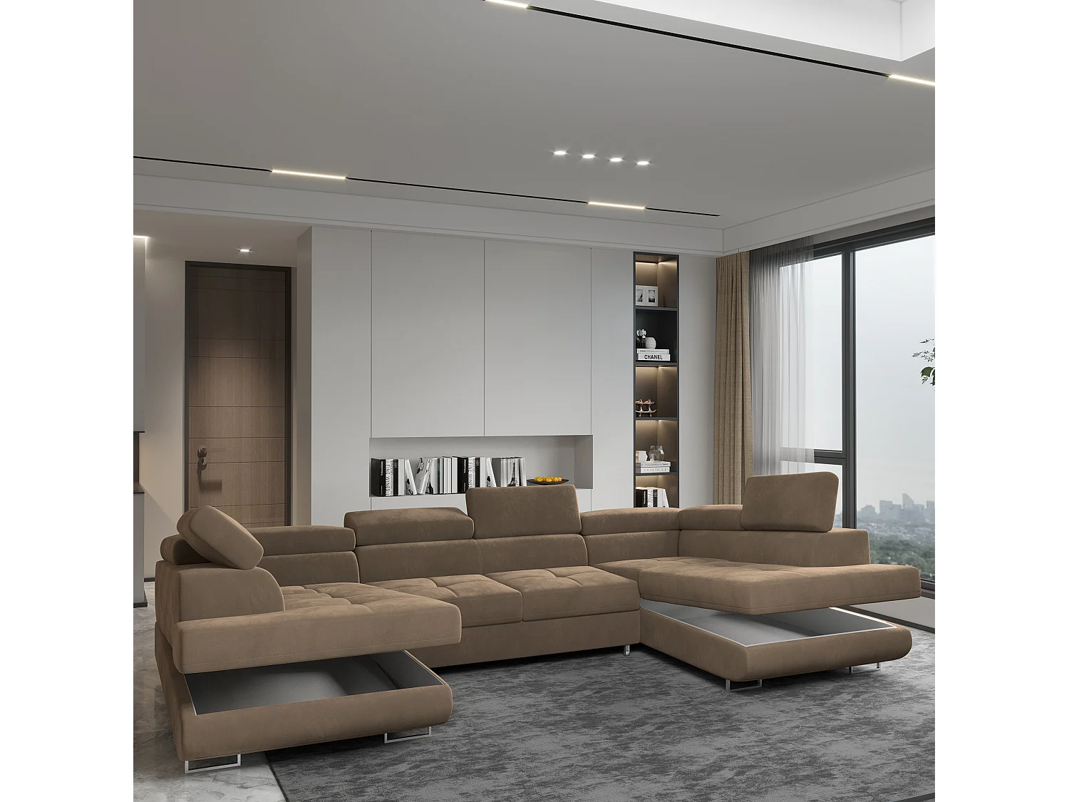 Canapé d'angle RAGGIO Beige en velours avec fonction de couchage