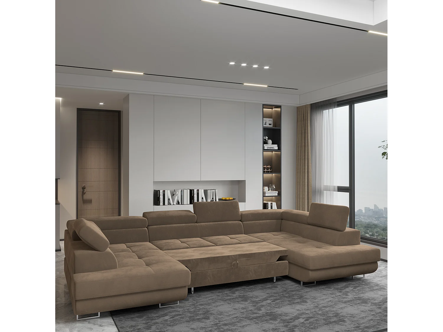 Canapé d'angle RAGGIO Beige en velours avec fonction de couchage