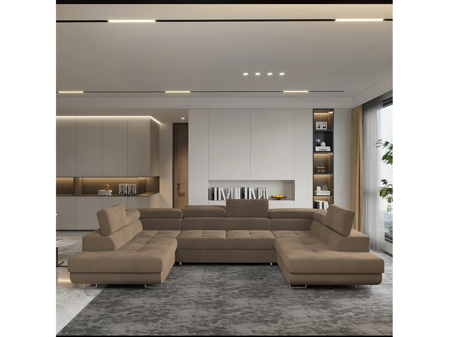 Canapé d'angle RAGGIO Beige en velours avec fonction de couchage