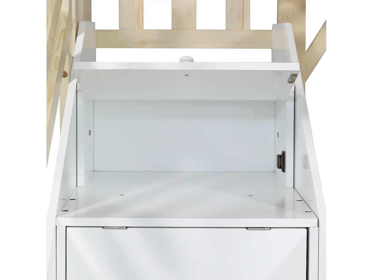 Lit superposé 90x200cm espace inférieur modulable bois escalier 3 rangements finition Blanc et naturel fonctionnel (Sans matelas)