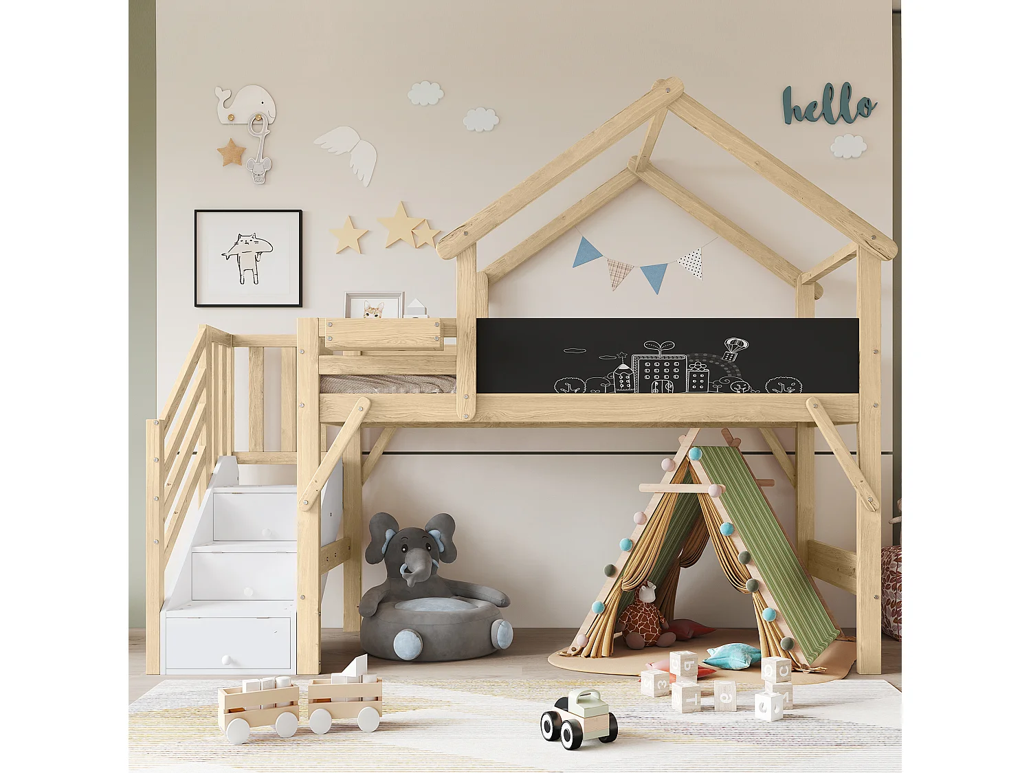 Lit superposé 90x200cm espace inférieur modulable bois escalier 3 rangements finition Blanc et naturel fonctionnel (Sans matelas)