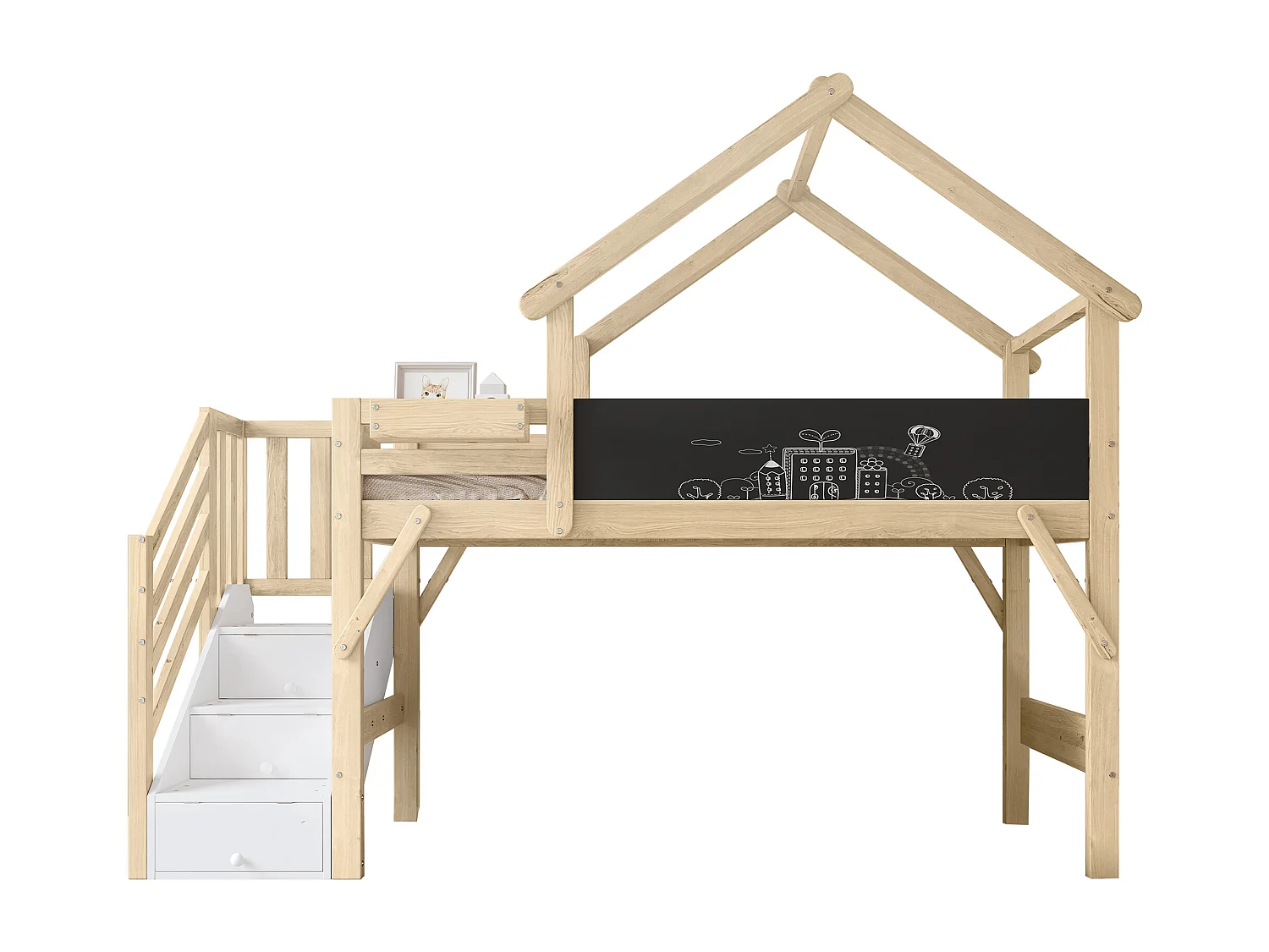 Lit enfant 90x200 cm avec tableau, escalier avec 3 rangements, design toit, bois, blanc et naturel (Sans matelas)