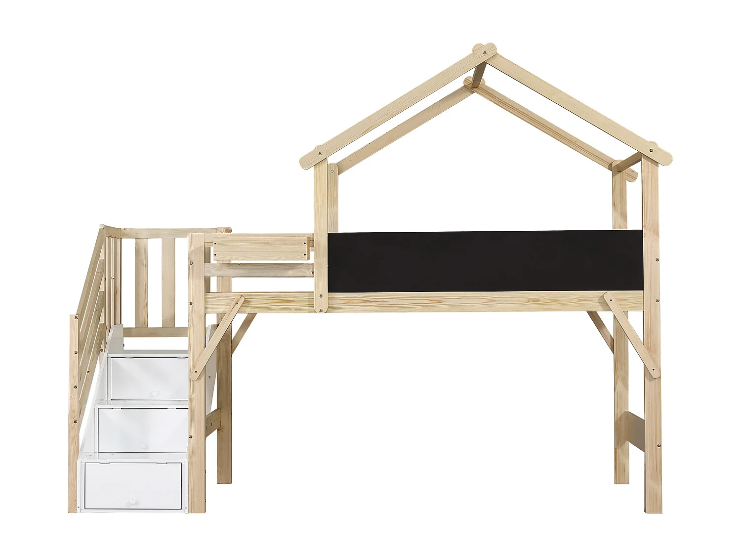 Lit enfant 90x200 cm avec tableau, escalier avec 3 rangements, design toit, bois, blanc et naturel (Sans matelas)