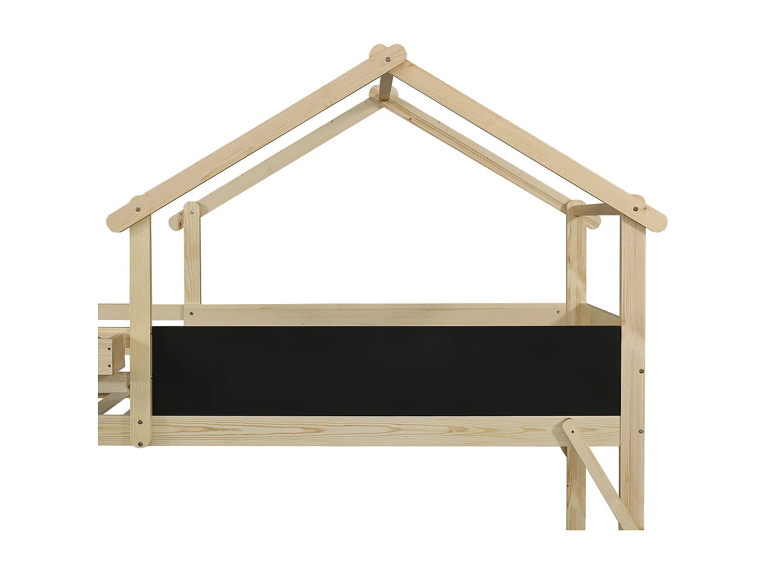 Lit enfant 90x200 cm avec tableau, escalier avec 3 rangements, design toit, bois, blanc et naturel (Sans matelas)