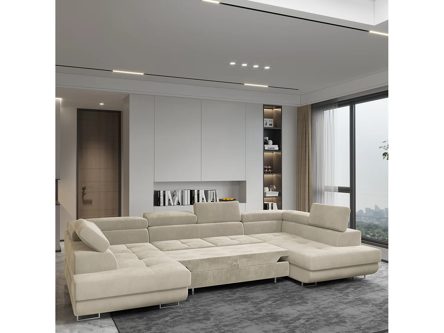 Hoekbank RAGGIO van fluweel met slaapfunctie Creme