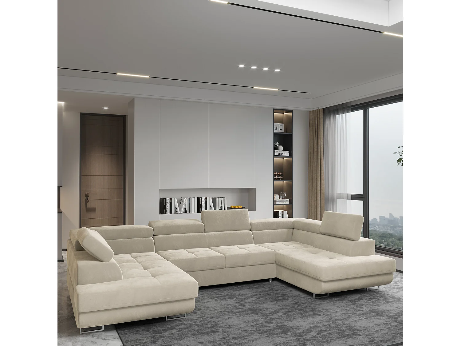 Canapé d'angle RAGGIO Crème en velours avec fonction de couchage