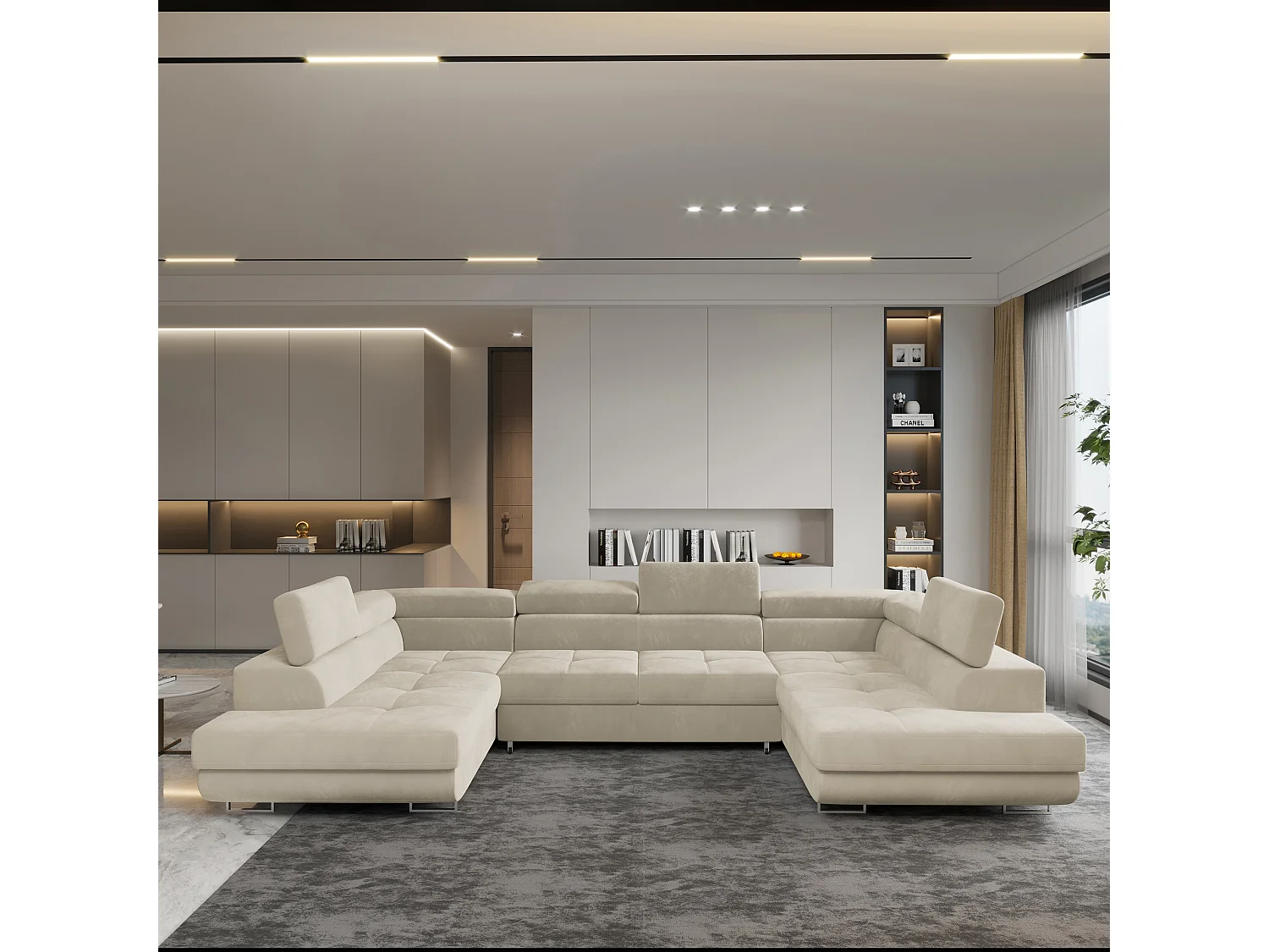 Canapé d'angle RAGGIO Crème en velours avec fonction de couchage