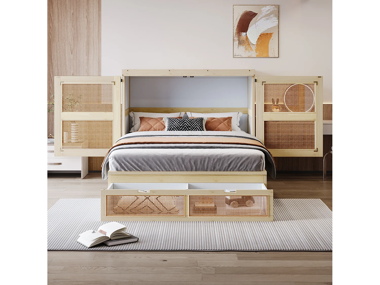 Lit escamotable pour jeunes - 140 x 200 cm - lit rabattable mural avec tiroirs de rangement - bois + MDF - naturel