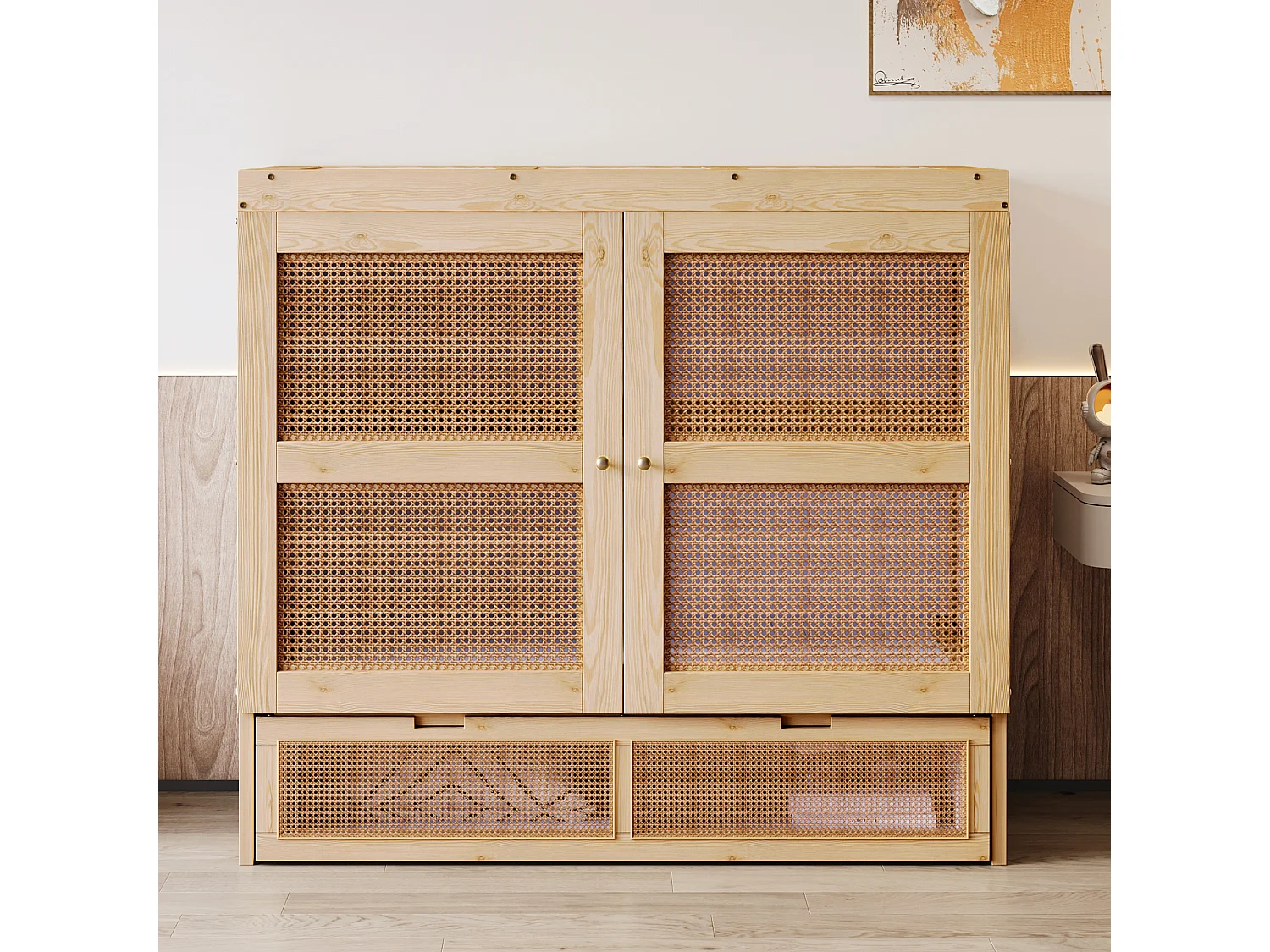 Lit escamotable pour jeunes - 140 x 200 cm - lit rabattable mural avec tiroirs de rangement - bois + MDF - naturel