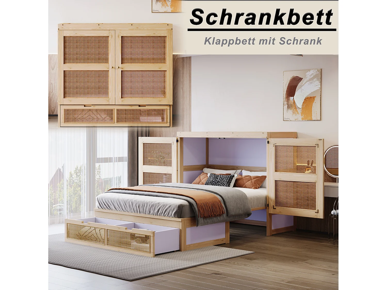 Lit escamotable pour jeunes - 140 x 200 cm - lit rabattable mural avec tiroirs de rangement - bois + MDF - naturel
