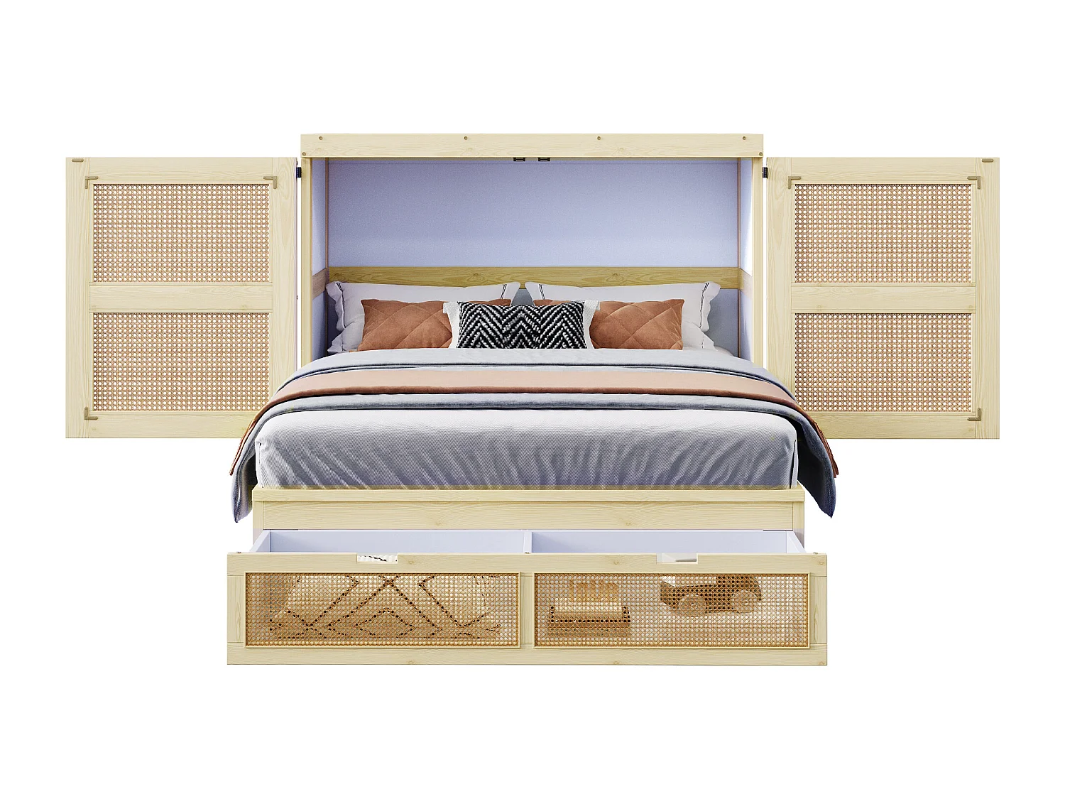 Lit escamotable pour jeunes - 140 x 200 cm - lit rabattable mural avec tiroirs de rangement - bois + MDF - naturel