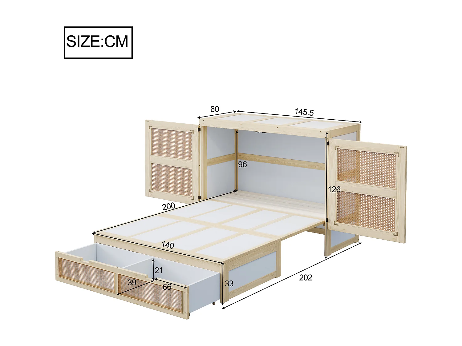 Lit escamotable pour jeunes - 140 x 200 cm - lit rabattable mural avec tiroirs de rangement - bois + MDF - naturel