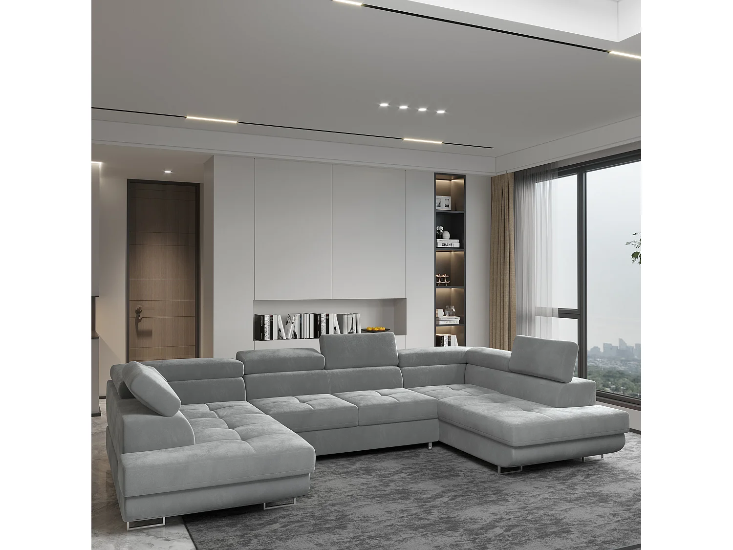 Canapé d'angle RAGGIO Gris clair en velours avec fonction de couchage