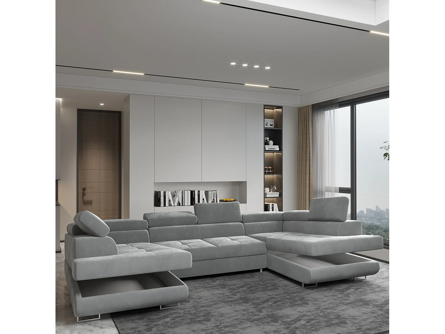 Canapé d'angle RAGGIO Gris clair en velours avec fonction de couchage