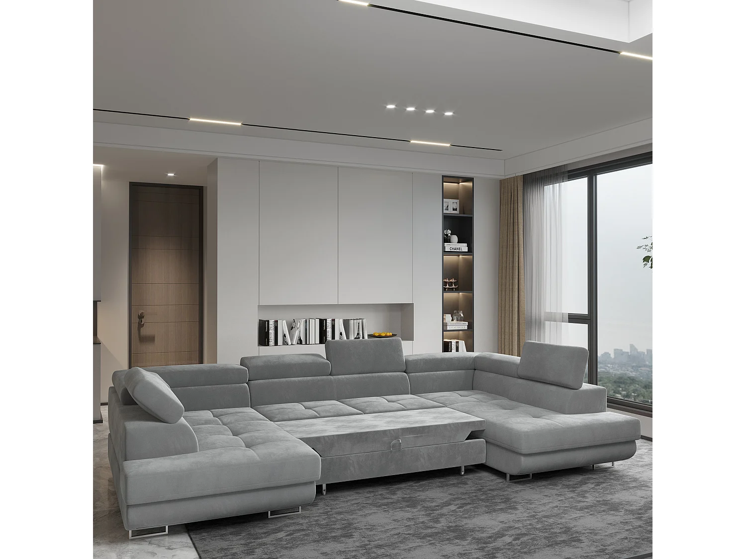 Canapé d'angle RAGGIO Gris clair en velours avec fonction de couchage