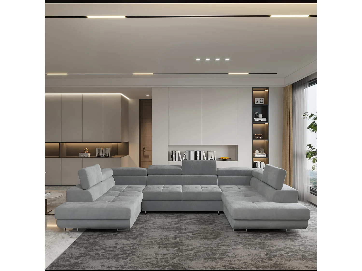 Canapé d'angle RAGGIO Gris clair en velours avec fonction de couchage