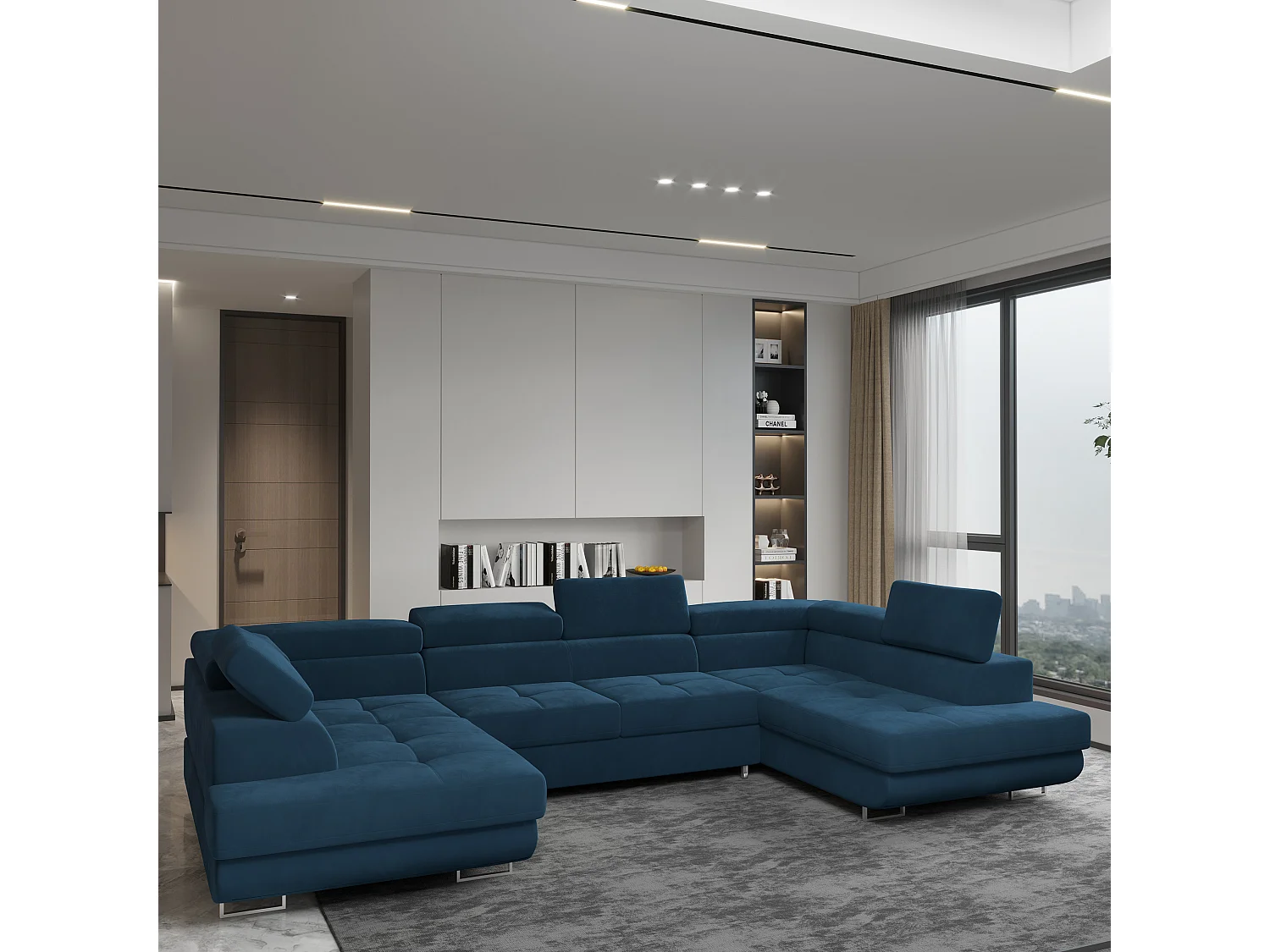 Canapé d'angle RAGGIO Bleu en velours avec fonction de couchage