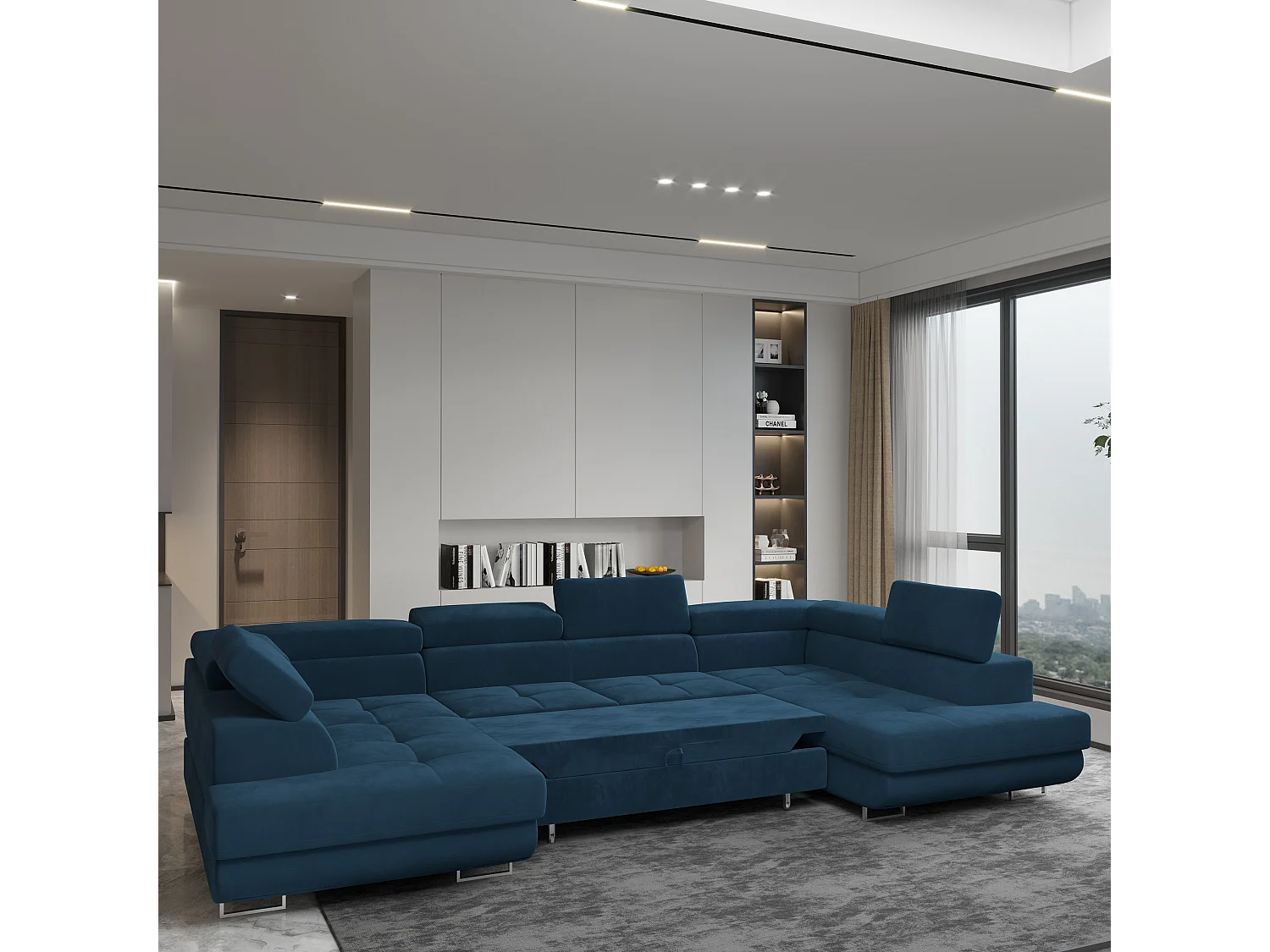 Canapé d'angle RAGGIO Bleu en velours avec fonction de couchage