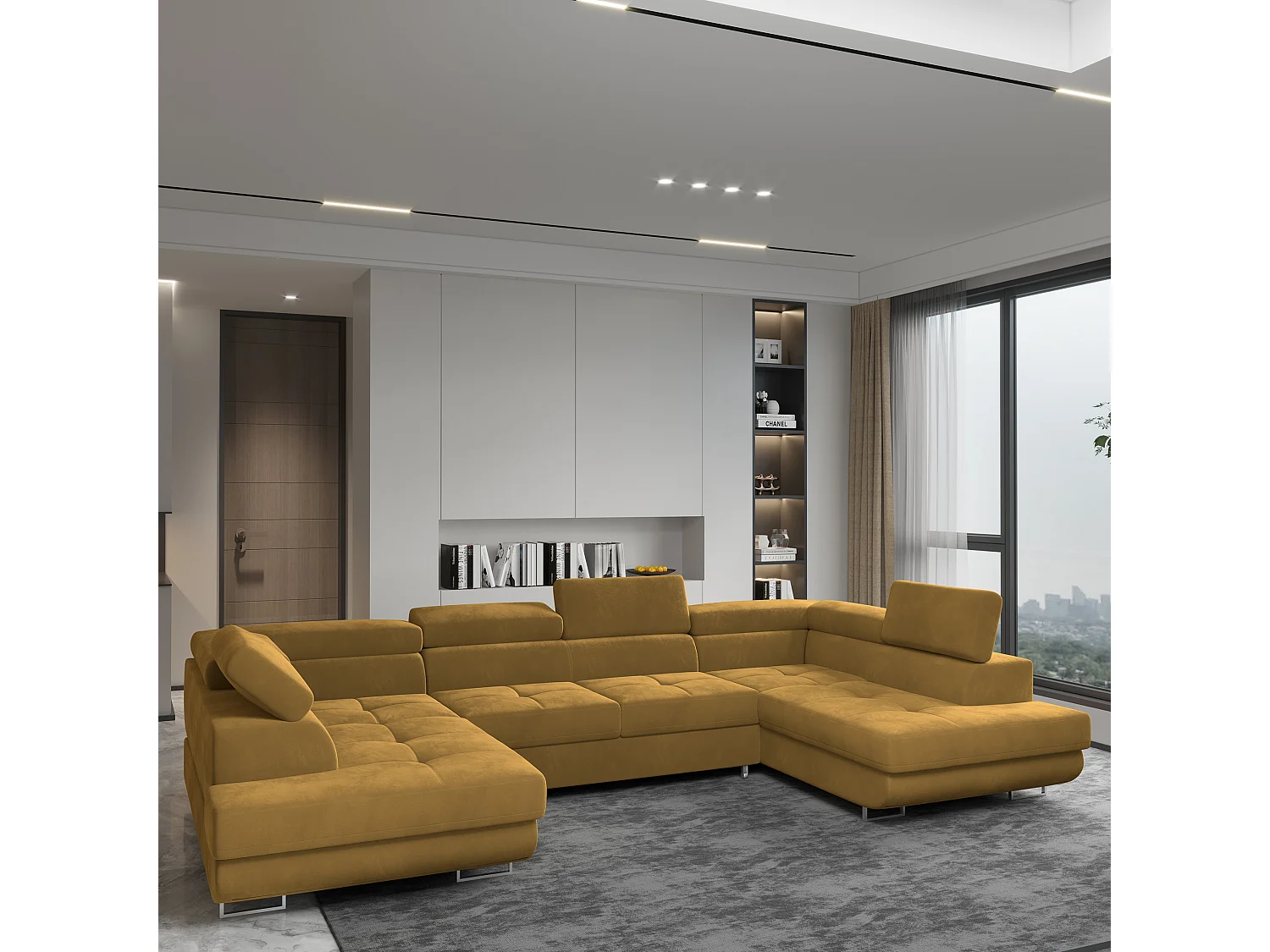 Canapé d'angle RAGGIO Jaune en velours avec fonction de couchage